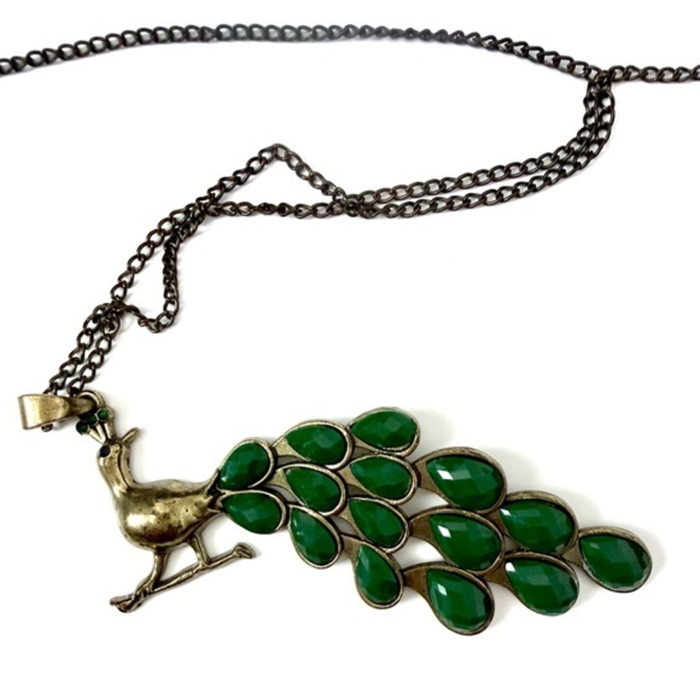 Oversized Peacock Pendant Necklace Green Stone Antique Brass Boho